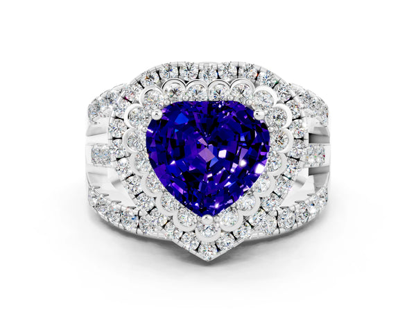 White gold Heart Cut Tanzanite Double Halo Ring with Round Pavé Split Shank and Prong Setting