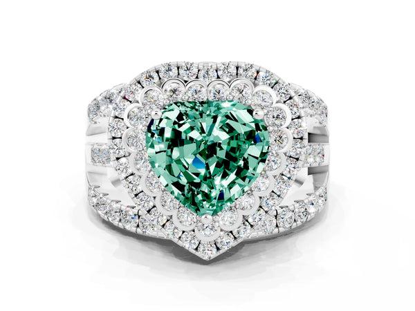 Platinum Heart Cut Green Sapphire Double Halo Ring with Round Pavé Split Shank and Prong Setting
