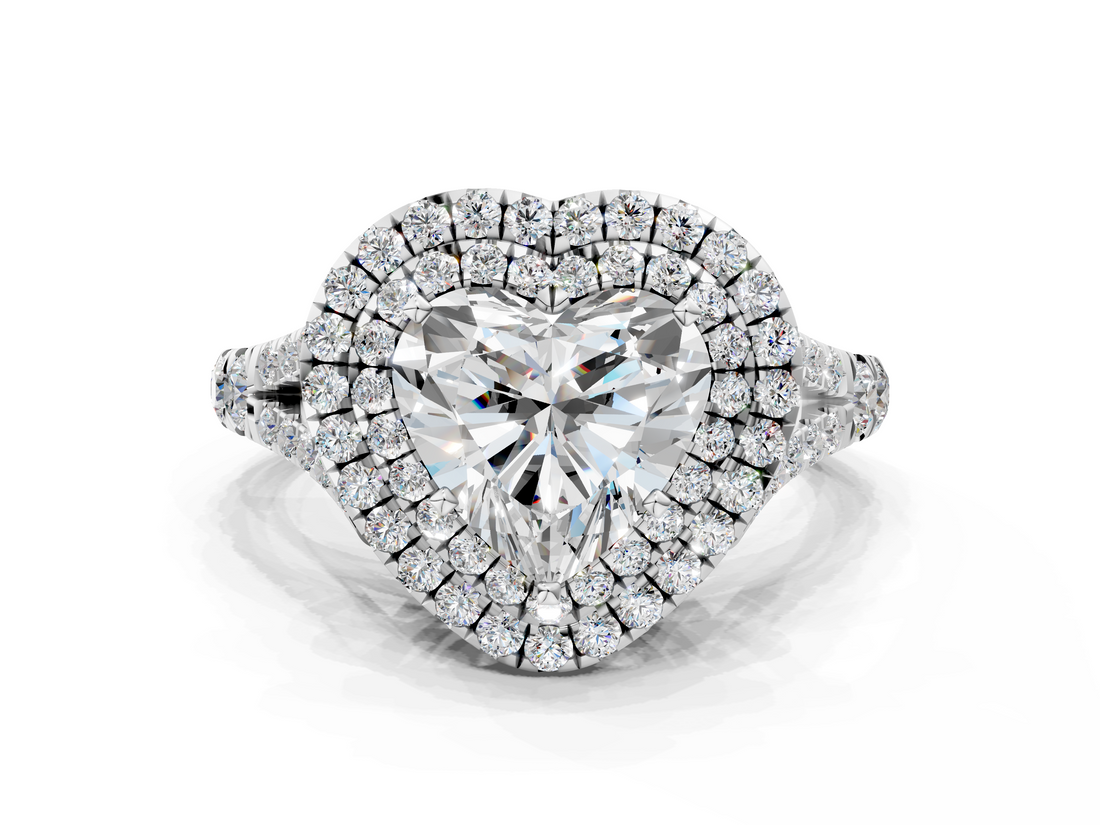 White gold Double Halo Heart Cut Diamond Split Shank Ring with Four Prong Setting_45