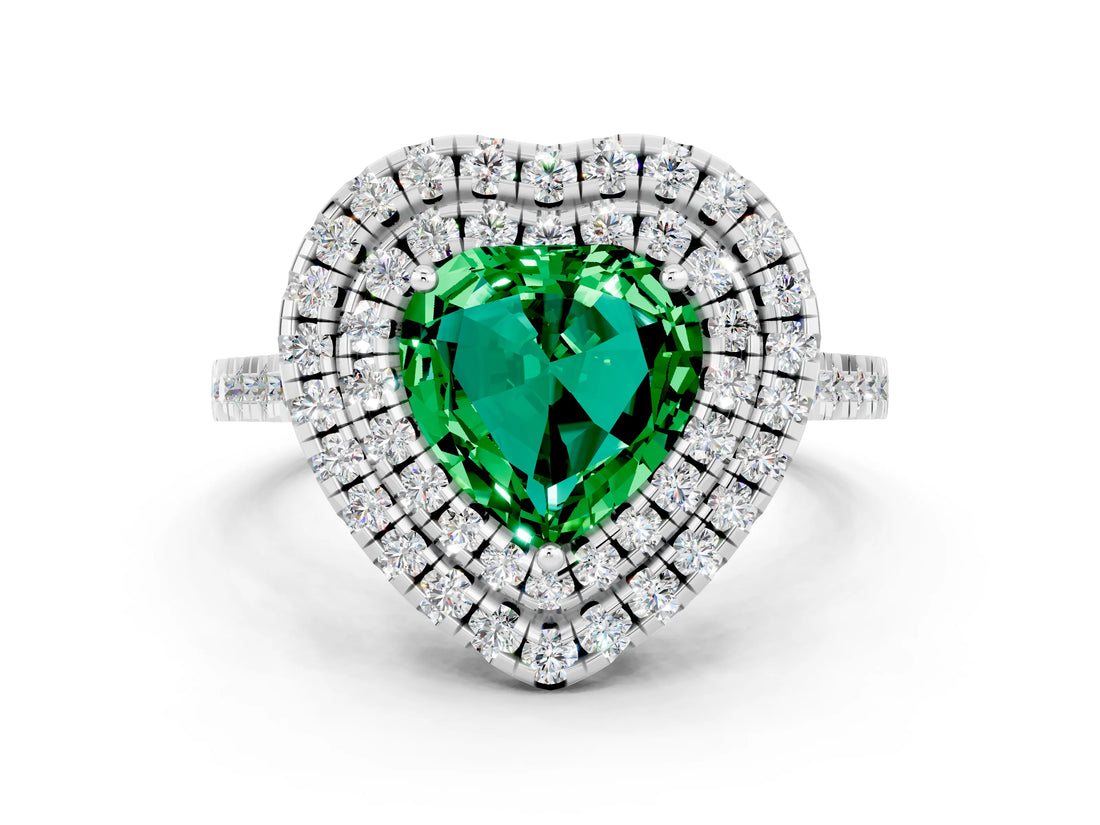 White gold Double Halo Heart Cut Emerald Pavé Band with Four-Prong Setting
