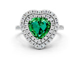 White gold Double Halo Heart Cut Emerald Pavé Band with Four-Prong Setting