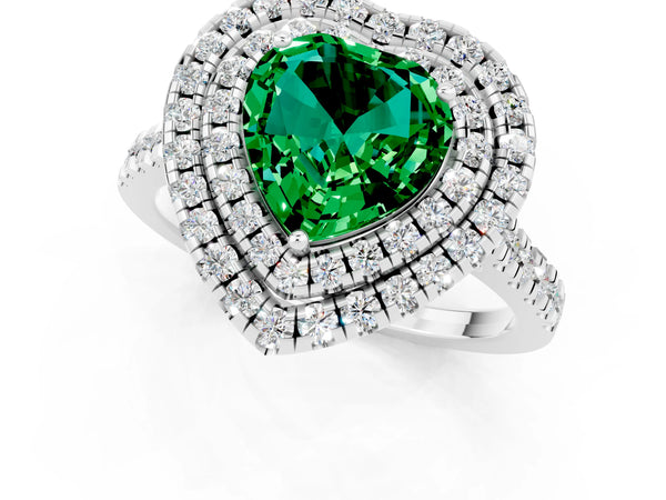 Silver Double Halo Heart Cut Emerald Pavé Band with Four-Prong Setting