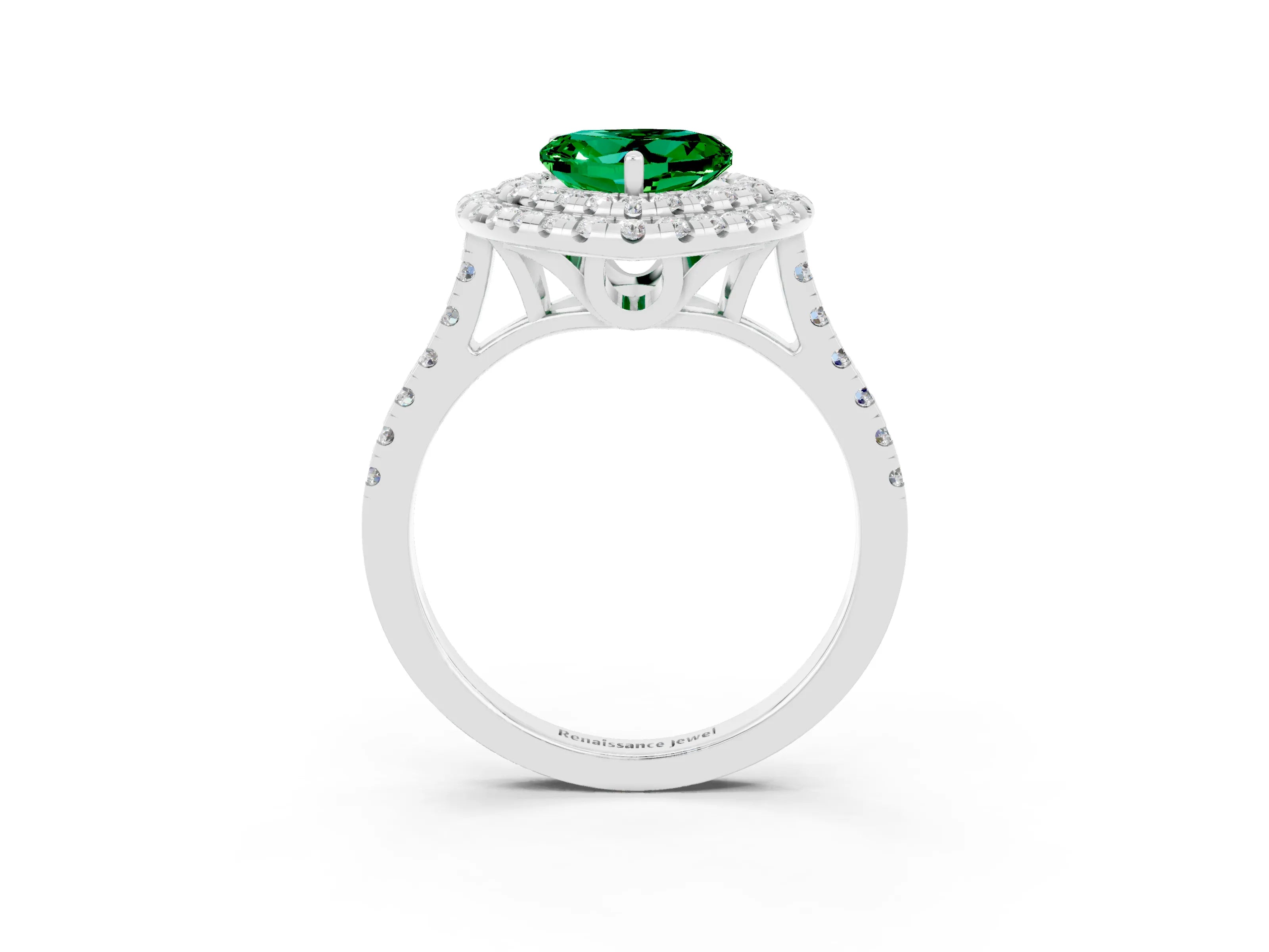White gold Double Halo Heart Cut Emerald Pavé Band with Four-Prong Setting_3