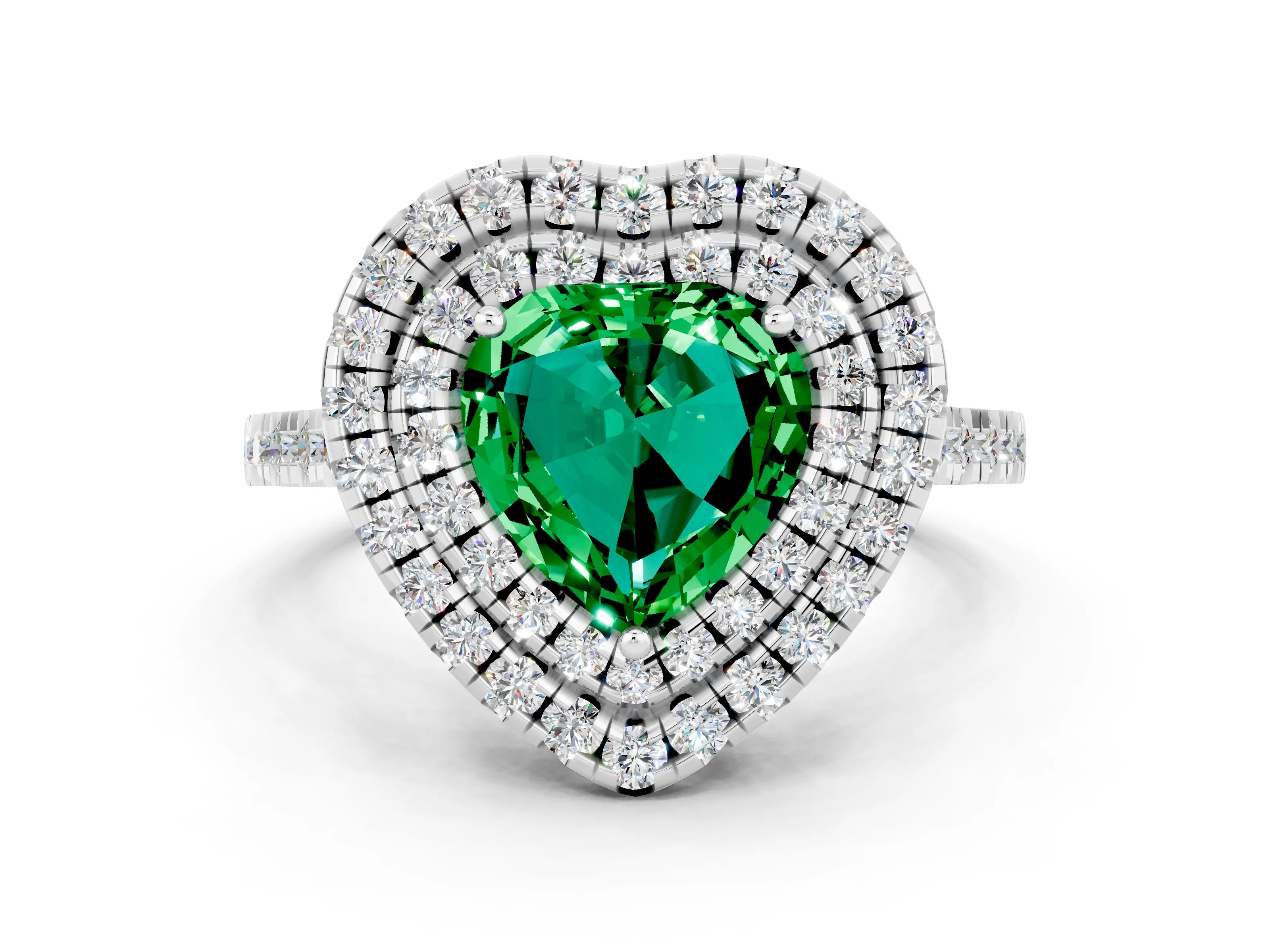 White gold Double Halo Heart Cut Emerald Pavé Band with Four-Prong Setting