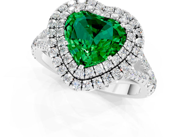 White gold Double Halo Heart Cut Emerald Pavé Split Shank Ring with Prong Setting