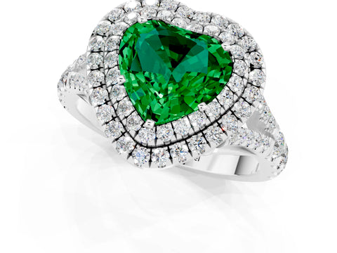 White gold Double Halo Heart Cut Emerald Pavé Split Shank Ring with Prong Setting_1