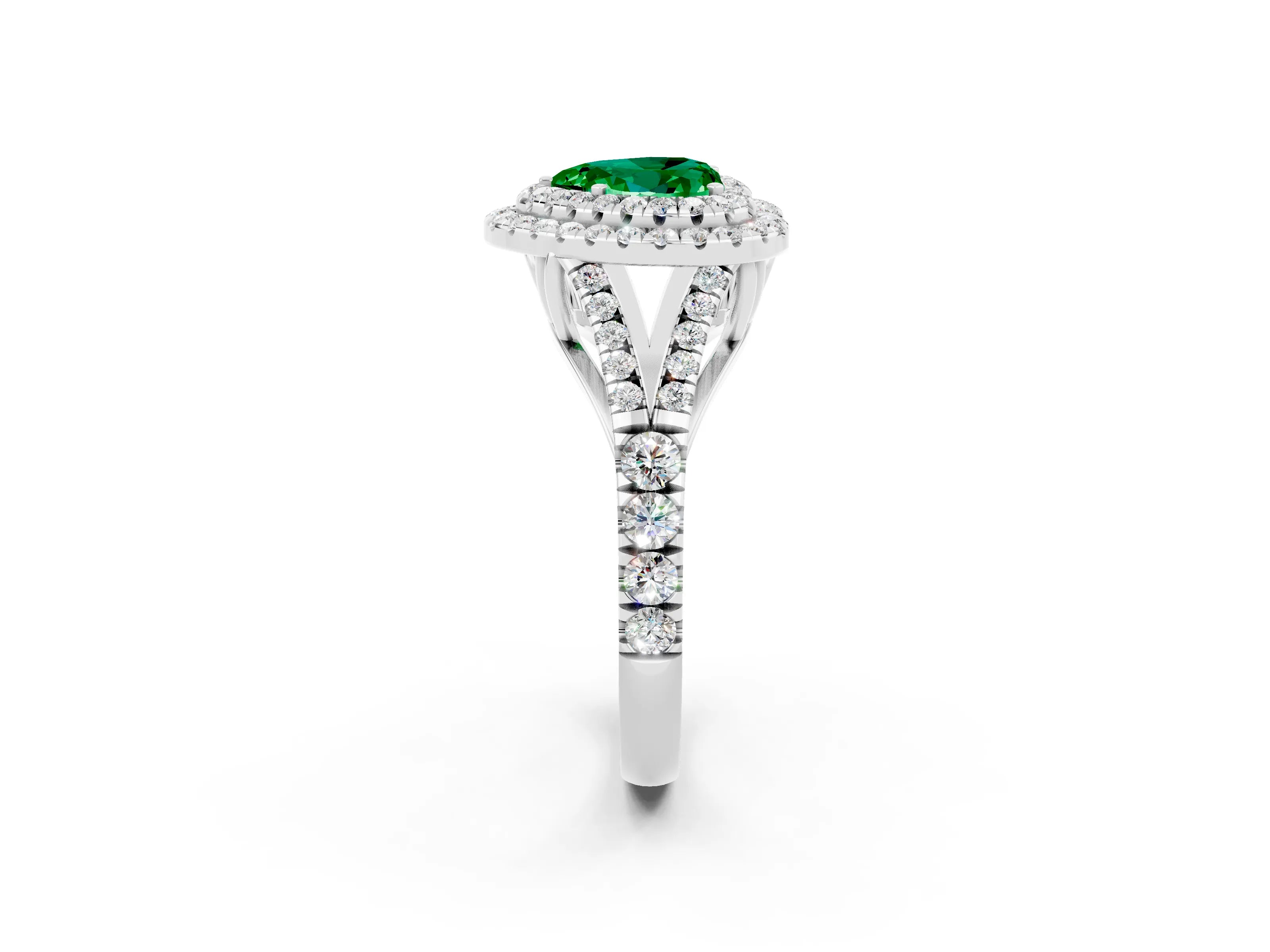 White gold Double Halo Heart Cut Emerald Pavé Split Shank Ring with Prong Setting_2
