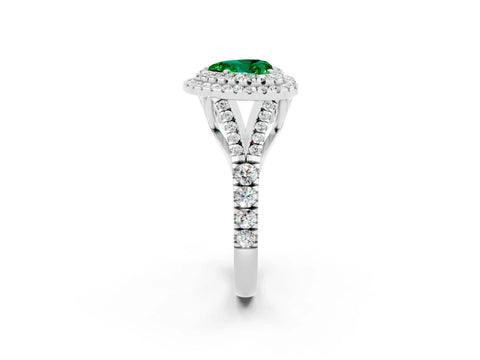 White gold Double Halo Heart Cut Emerald Pavé Split Shank Ring with Prong Setting_2