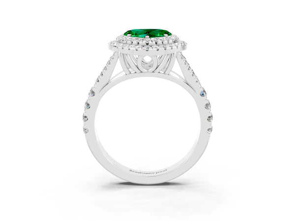 Platinum Double Halo Heart Cut Emerald Pavé Split Shank Ring with Prong Setting