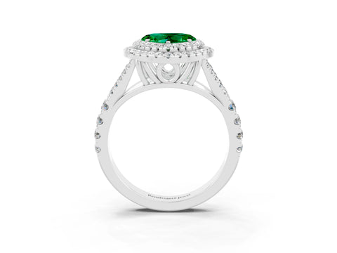 White gold Double Halo Heart Cut Emerald Pavé Split Shank Ring with Prong Setting_3