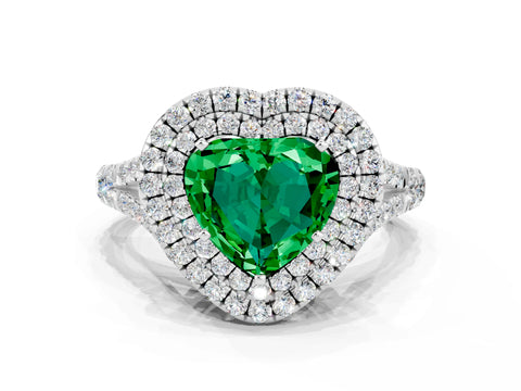 White gold Double Halo Heart Cut Emerald Pavé Split Shank Ring with Prong Setting