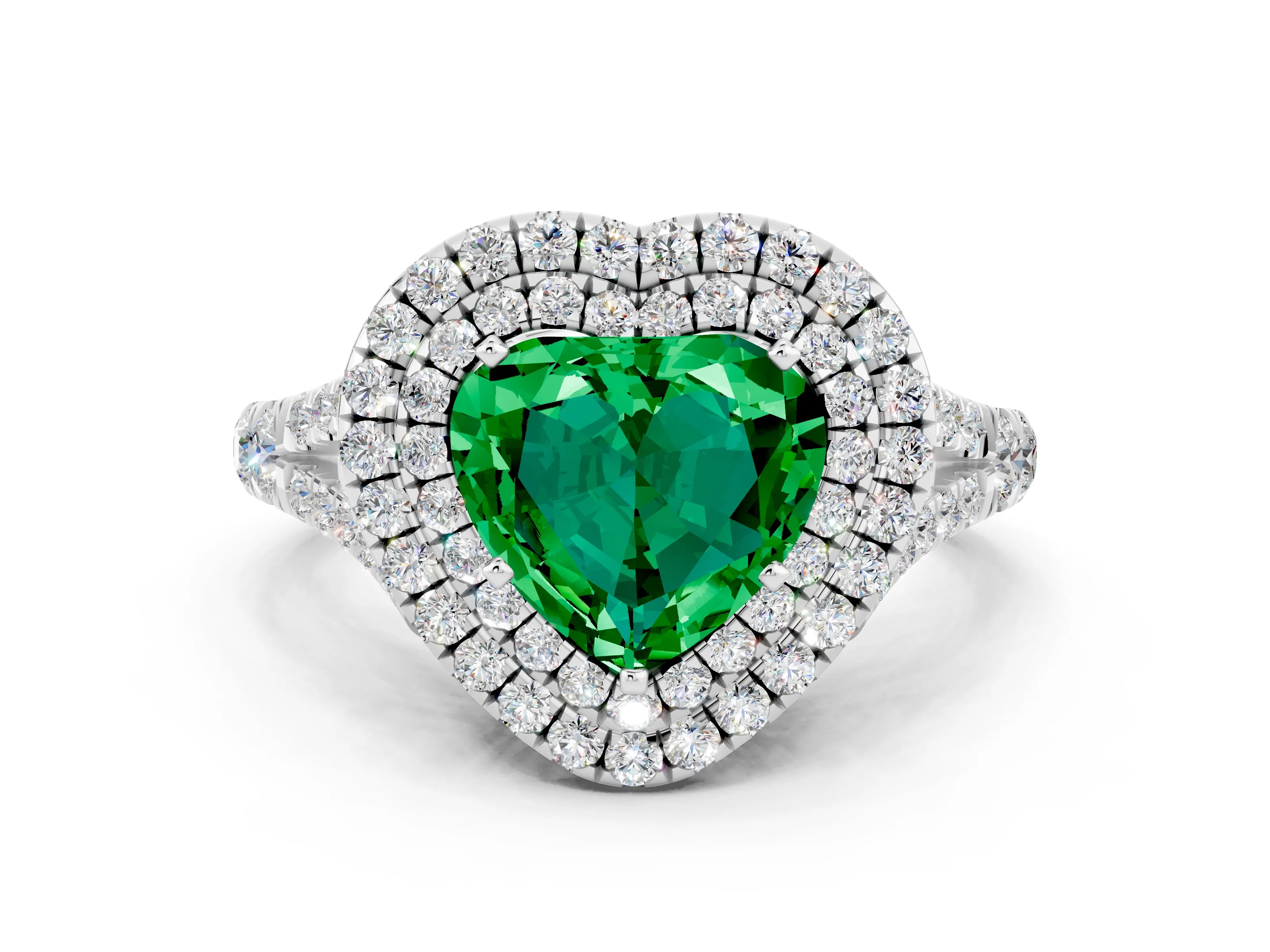 White gold Double Halo Heart Cut Emerald Split Shank Engagement Ring with Four-Prong Setting
