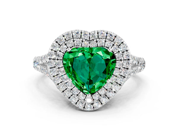 Platinum Double Halo Heart Cut Emerald Split Shank Engagement Ring with Four-Prong Setting