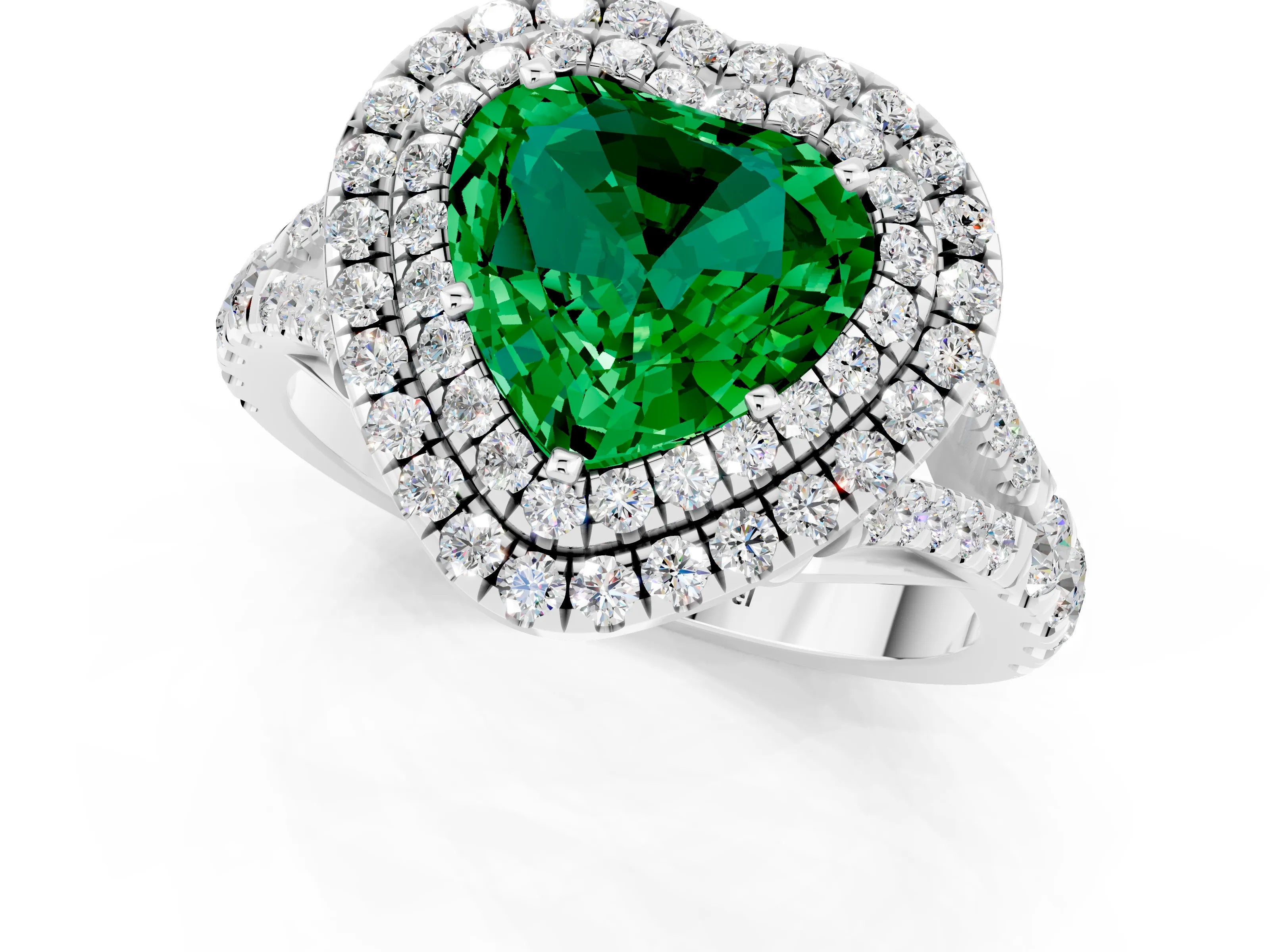 White gold Double Halo Heart Cut Emerald Split Shank Engagement Ring with Four-Prong Setting_1