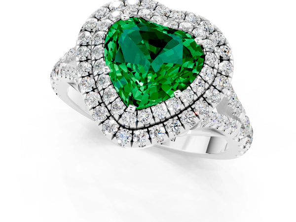 Platinum Double Halo Heart Cut Emerald Split Shank Engagement Ring with Four-Prong Setting