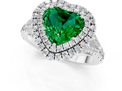 White gold Double Halo Heart Cut Emerald Split Shank Engagement Ring with Four-Prong Setting_1