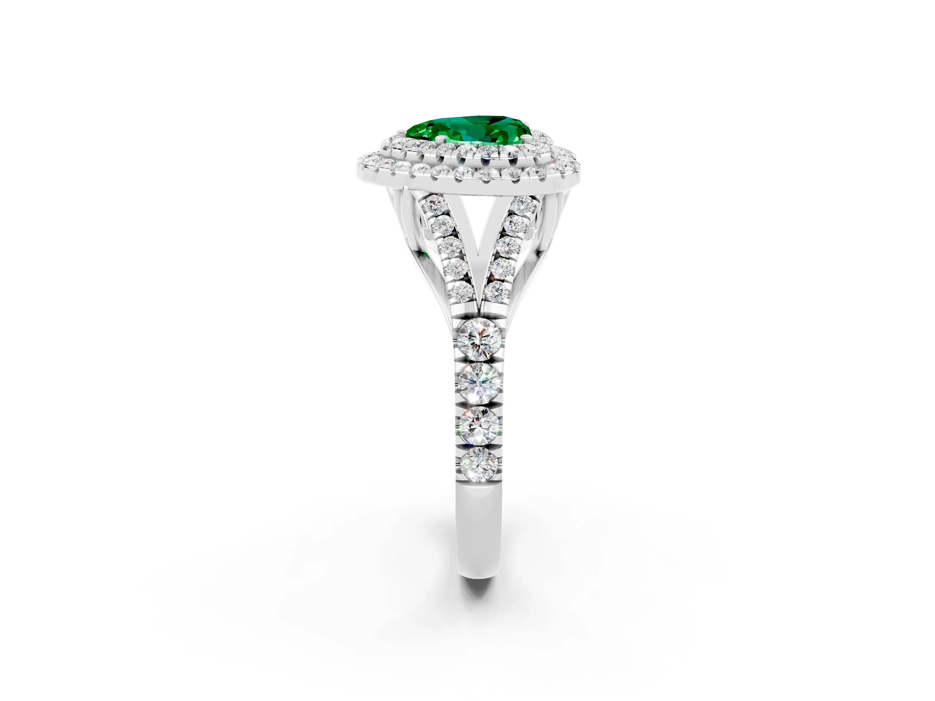 White gold Double Halo Heart Cut Emerald Split Shank Engagement Ring with Four-Prong Setting_2