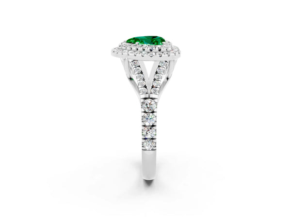 Silver Double Halo Heart Cut Emerald Split Shank Engagement Ring with Four-Prong Setting