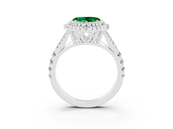 Silver Double Halo Heart Cut Emerald Split Shank Engagement Ring with Four-Prong Setting