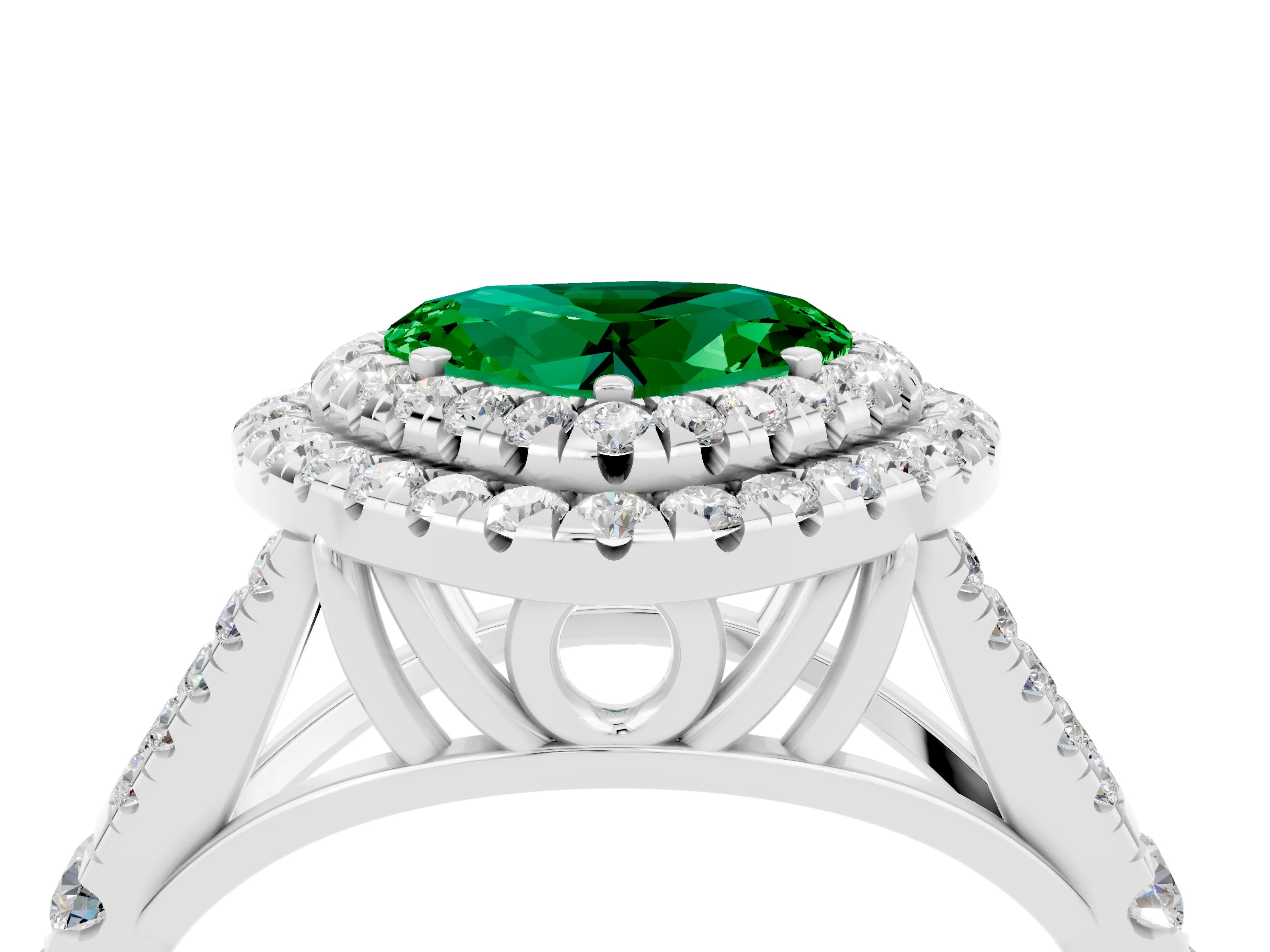 White gold Double Halo Heart Cut Emerald Split Shank Engagement Ring with Four-Prong Setting_4