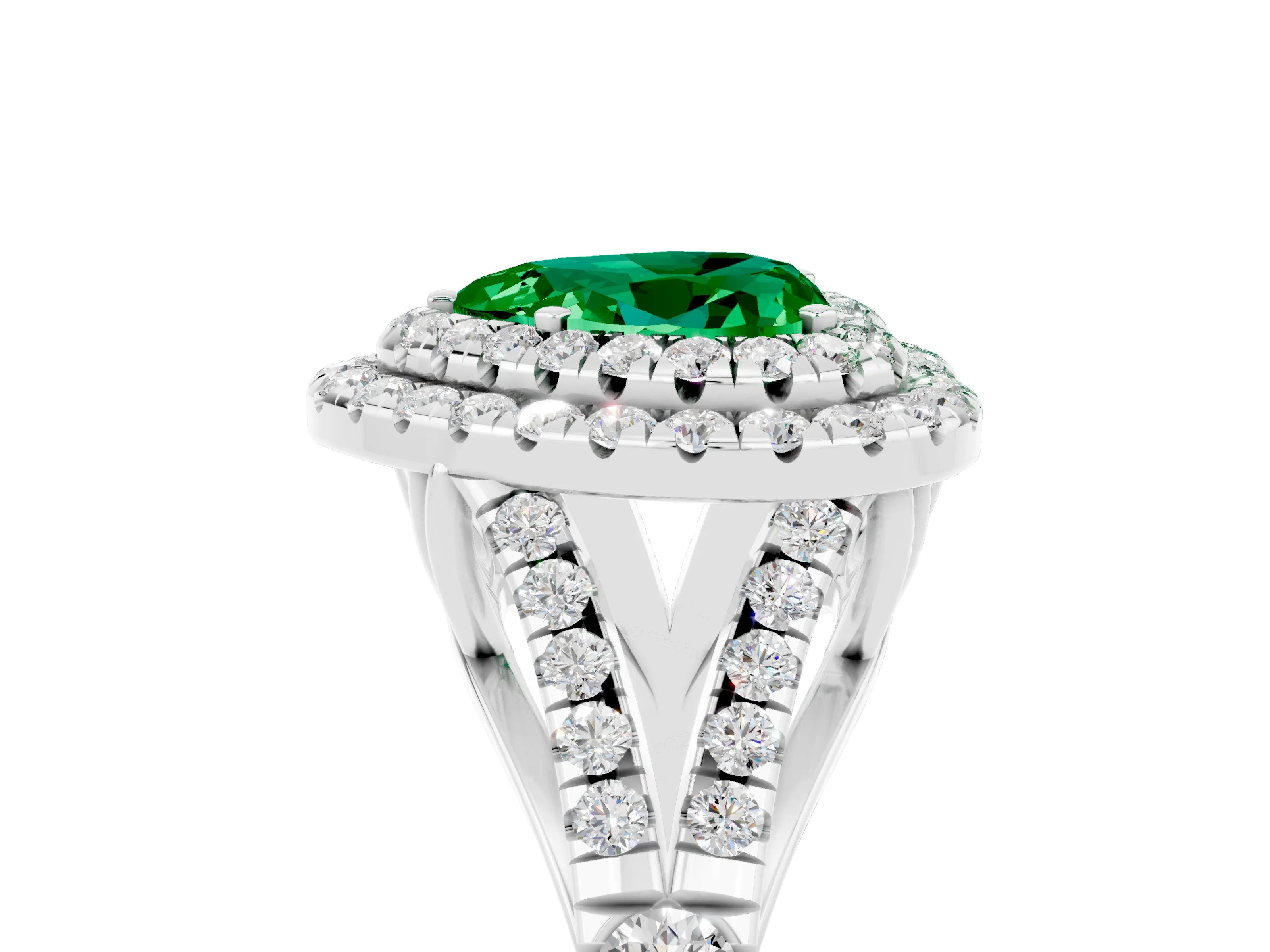 White gold Double Halo Heart Cut Emerald Split Shank Engagement Ring with Four-Prong Setting_5
