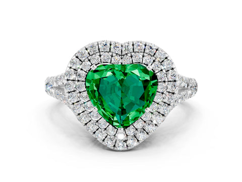 White gold Double Halo Heart Cut Emerald Split Shank Engagement Ring with Four-Prong Setting