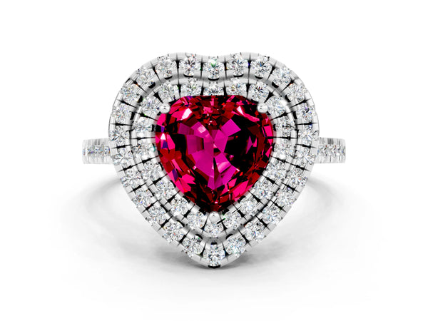 White gold Double Halo Heart Cut Garnet Pavé Band with Four-Prong Setting