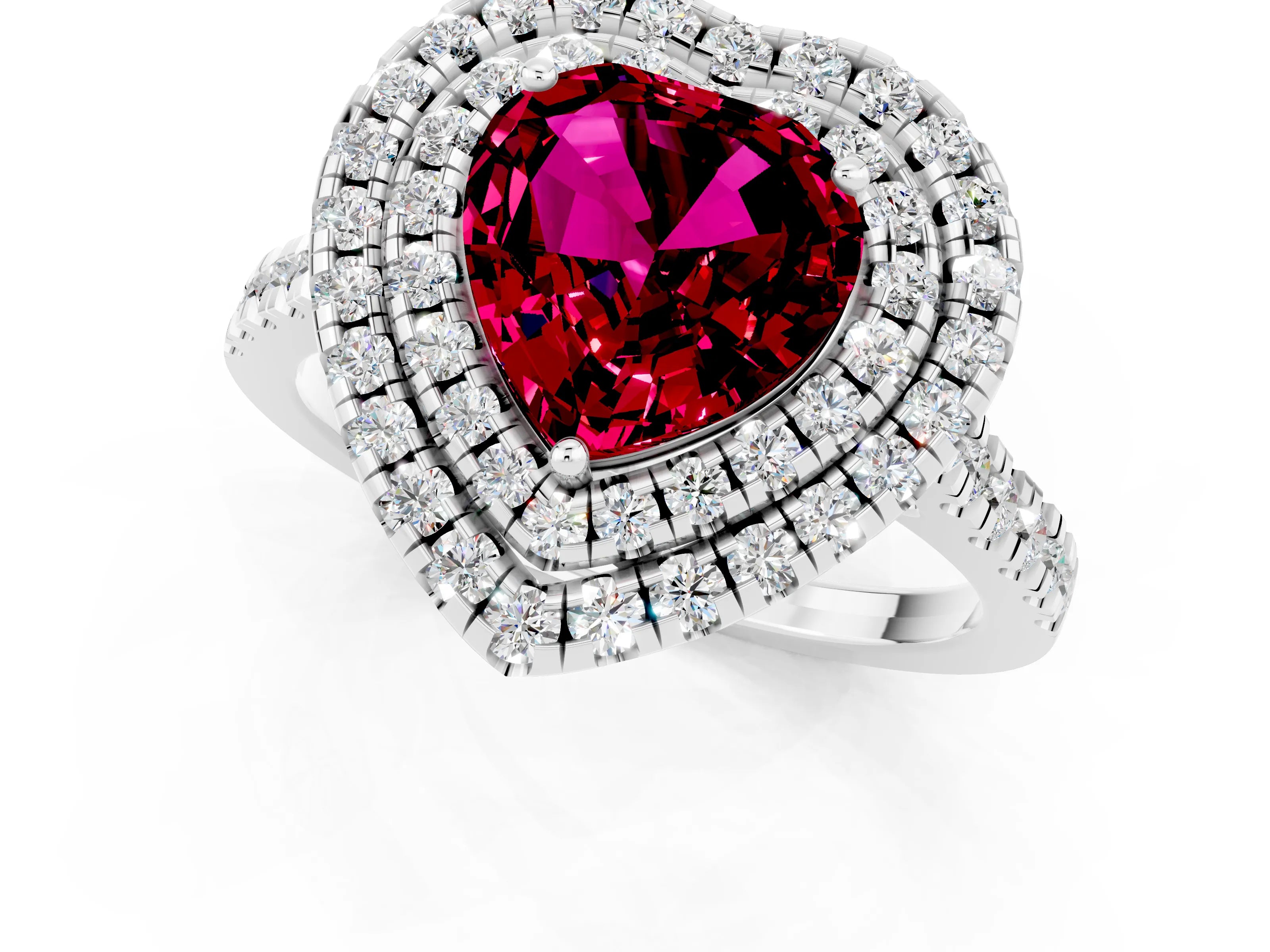 White gold Double Halo Heart Cut Garnet Pavé Band with Four-Prong Setting_1