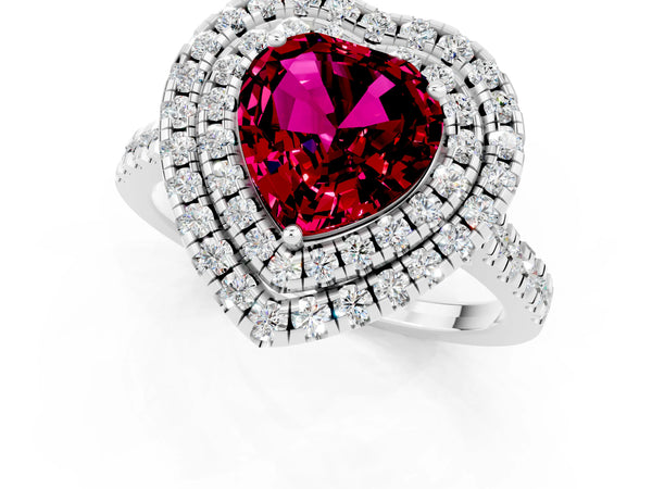 White gold Double Halo Heart Cut Garnet Pavé Band with Four-Prong Setting