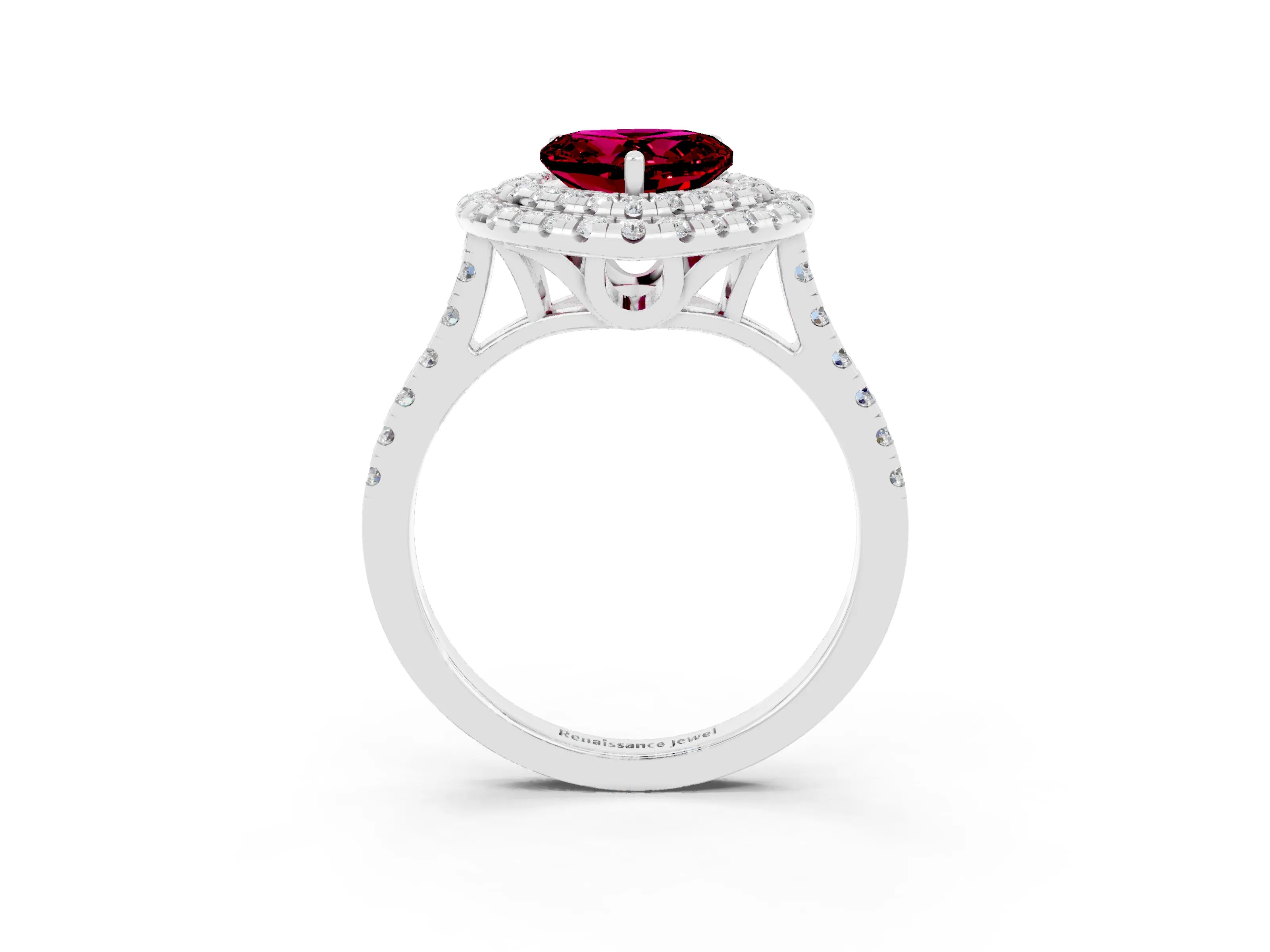 White gold Double Halo Heart Cut Garnet Pavé Band with Four-Prong Setting_3