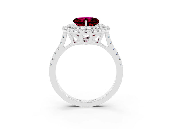 Platinum Double Halo Heart Cut Garnet Pavé Band with Four-Prong Setting