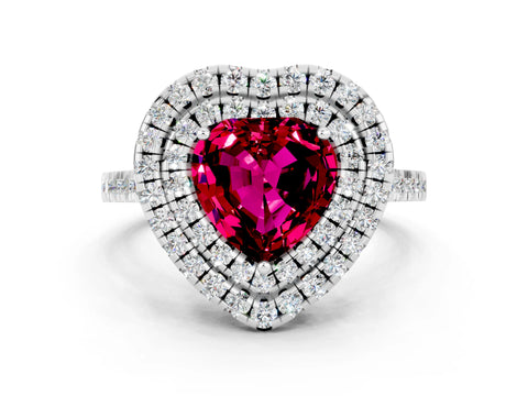 White gold Double Halo Heart Cut Garnet Pavé Band with Four-Prong Setting