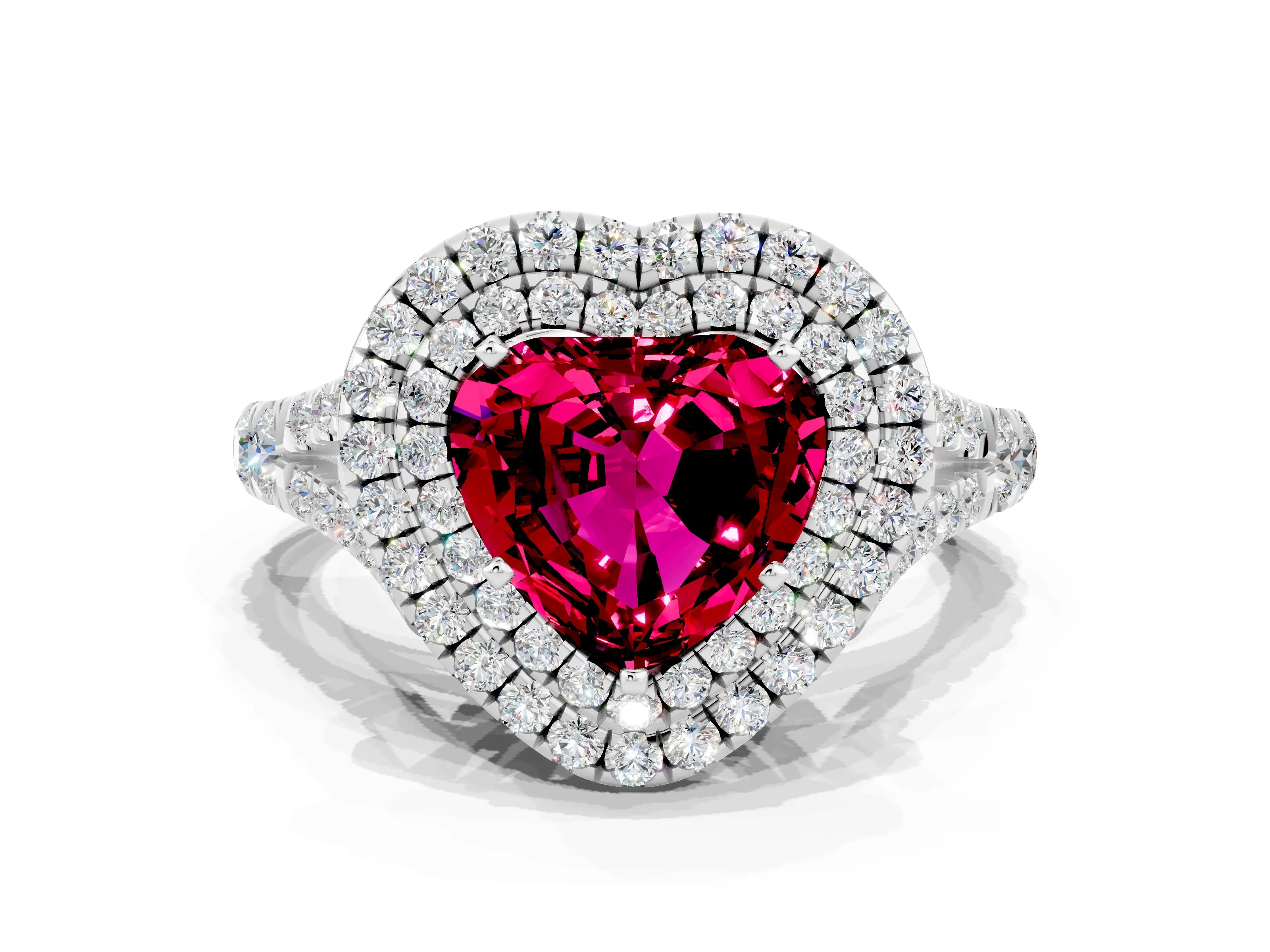 White gold Double Halo Heart Cut Garnet Pavé Split Shank Ring with Prong Setting