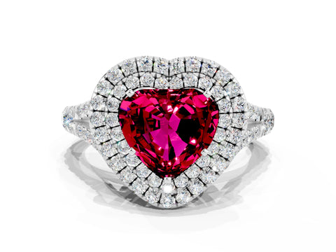 White gold Double Halo Heart Cut Garnet Pavé Split Shank Ring with Prong Setting