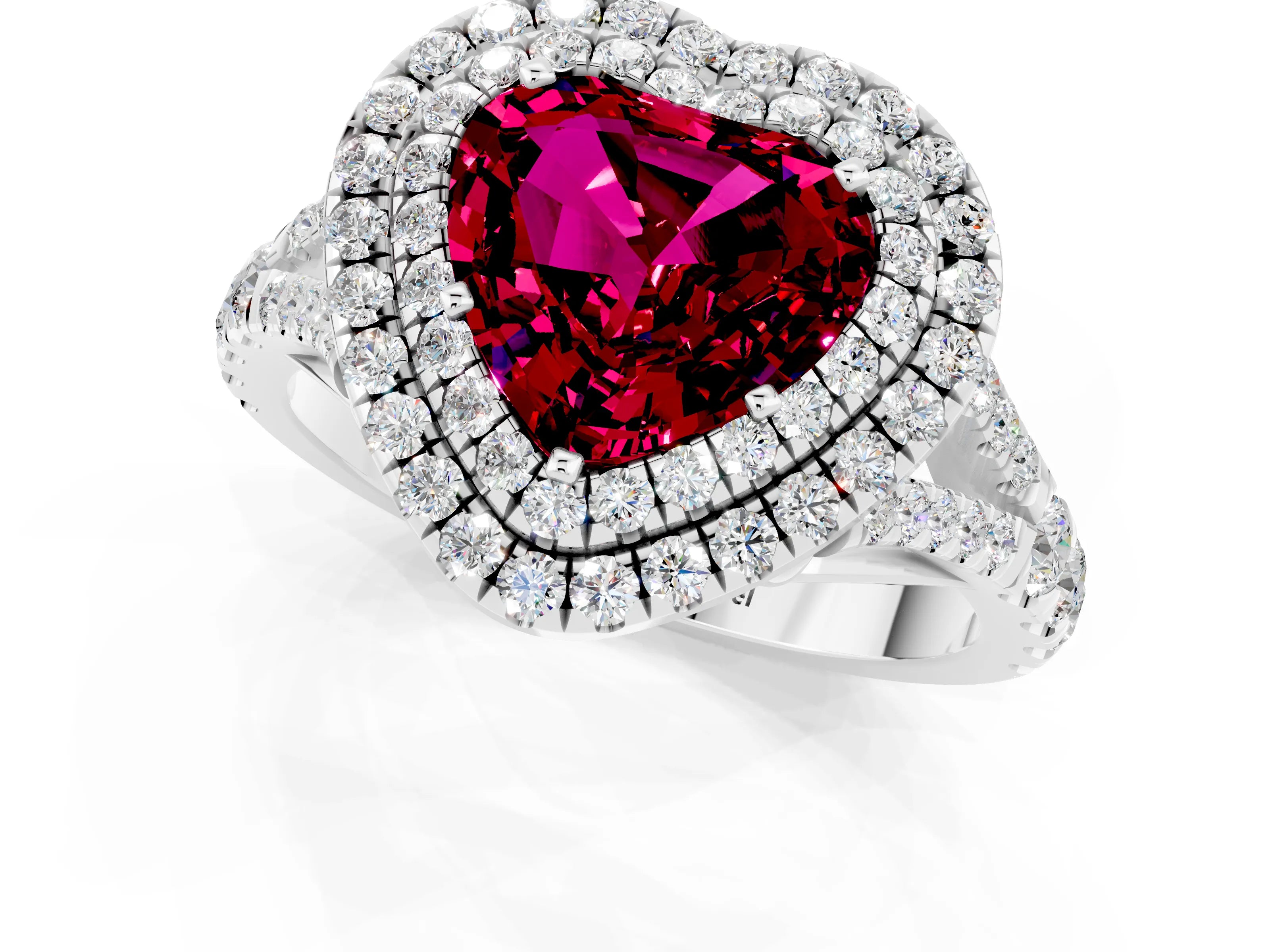 White gold Double Halo Heart Cut Garnet Pavé Split Shank Ring with Prong Setting_1