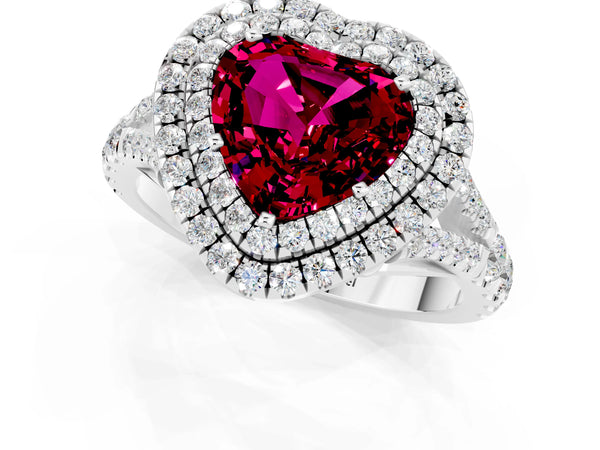 Silver Double Halo Heart Cut Garnet Pavé Split Shank Ring with Prong Setting