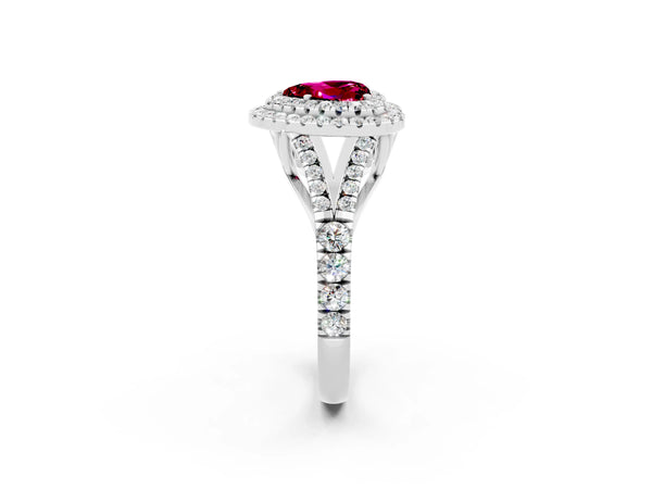 White gold Double Halo Heart Cut Garnet Pavé Split Shank Ring with Prong Setting