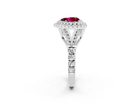 White gold Double Halo Heart Cut Garnet Pavé Split Shank Ring with Prong Setting_2