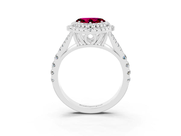 Silver Double Halo Heart Cut Garnet Pavé Split Shank Ring with Prong Setting