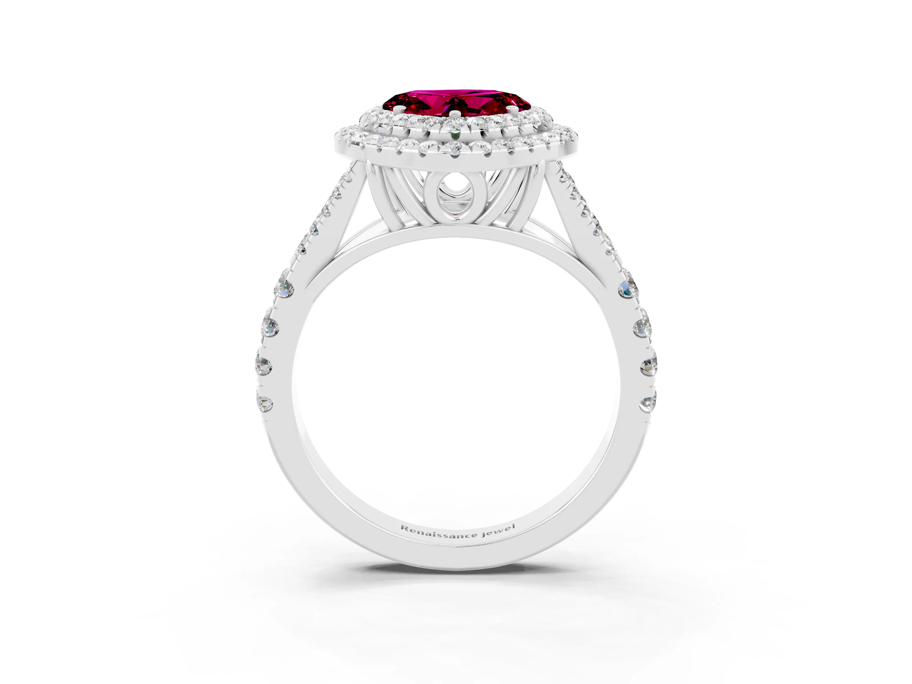 White gold Double Halo Heart Cut Garnet Pavé Split Shank Ring with Prong Setting_3