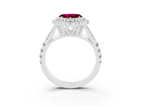 White gold Double Halo Heart Cut Garnet Pavé Split Shank Ring with Prong Setting_3