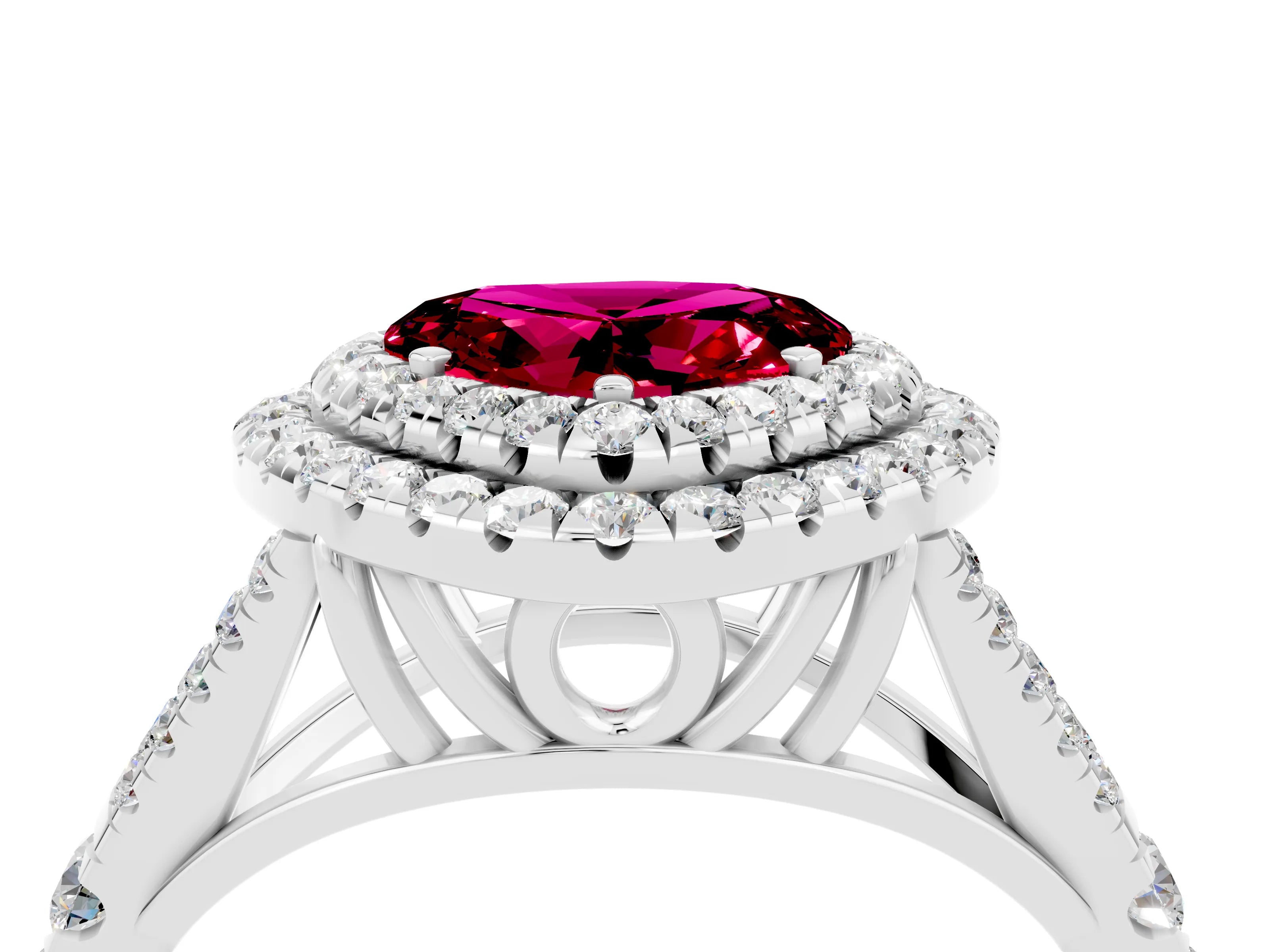 White gold Double Halo Heart Cut Garnet Pavé Split Shank Ring with Prong Setting_4