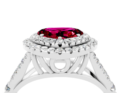 White gold Double Halo Heart Cut Garnet Pavé Split Shank Ring with Prong Setting_4