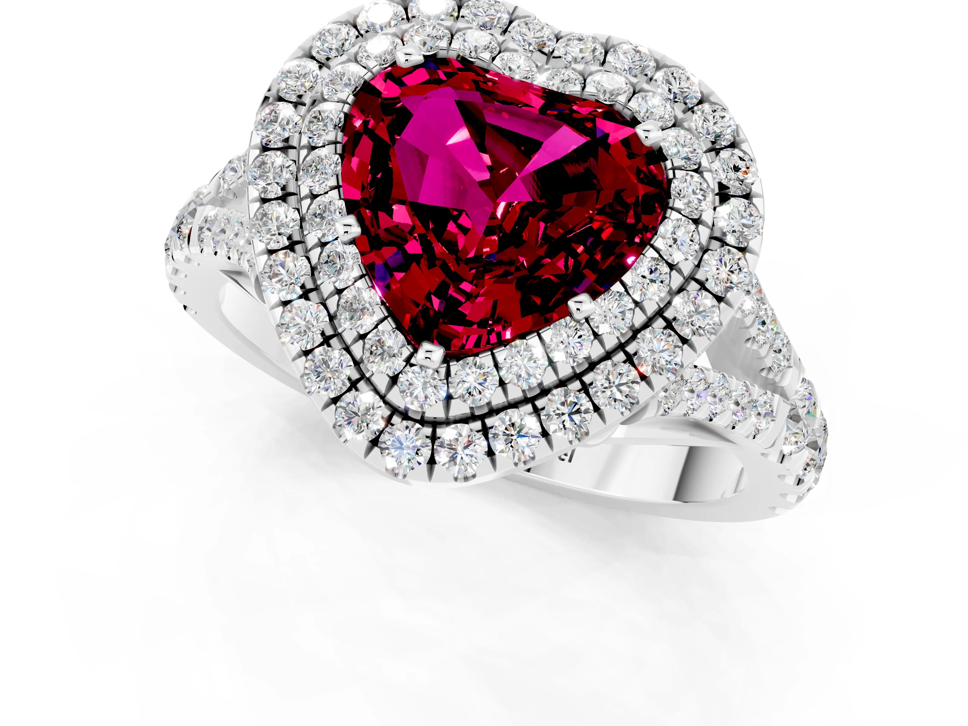 White gold Double Halo Heart Cut Garnet Split Shank Engagement Ring with Four-Prong Setting_1