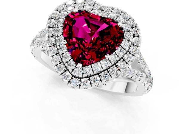 White gold Double Halo Heart Cut Garnet Split Shank Engagement Ring with Four-Prong Setting