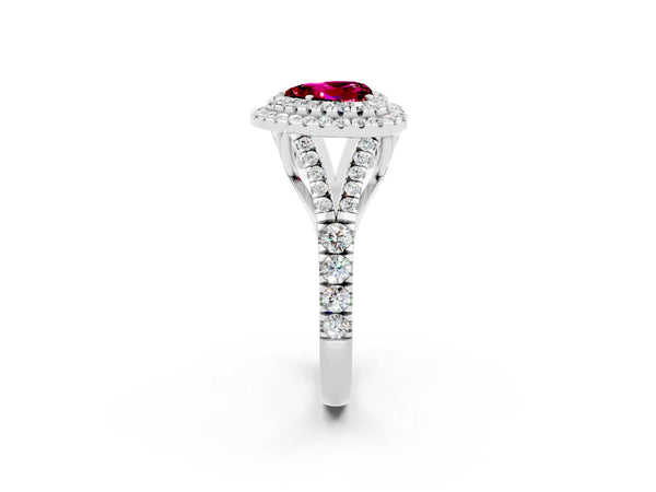 Silver Double Halo Heart Cut Garnet Split Shank Engagement Ring with Four-Prong Setting