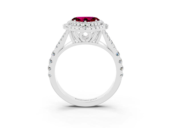 White gold Double Halo Heart Cut Garnet Split Shank Engagement Ring with Four-Prong Setting