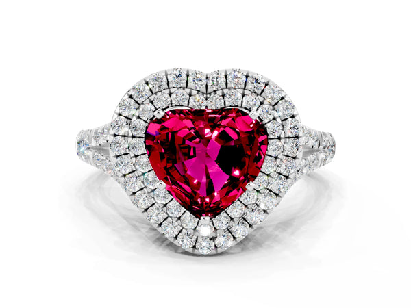 White gold Double Halo Heart Cut Garnet Split Shank Engagement Ring with Four-Prong Setting