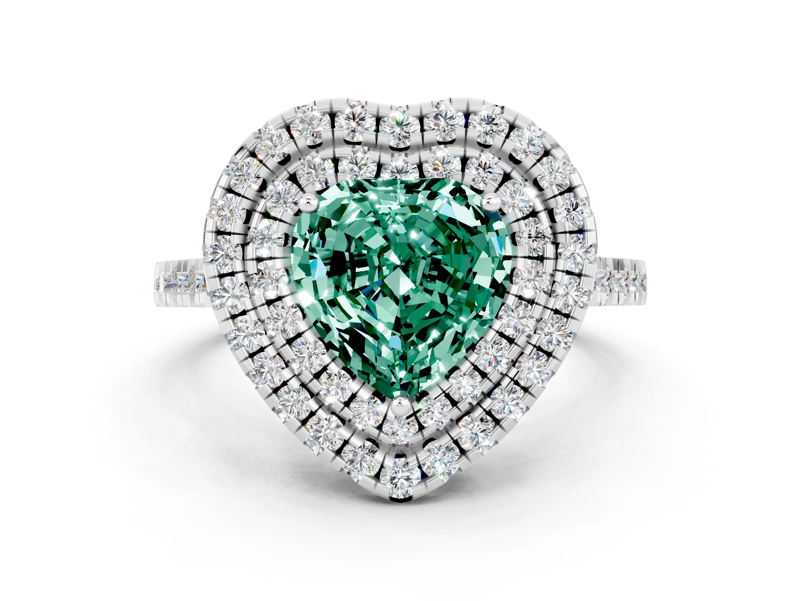 White gold Double Halo Heart Cut Green Sapphire Pavé Band with Four-Prong Setting