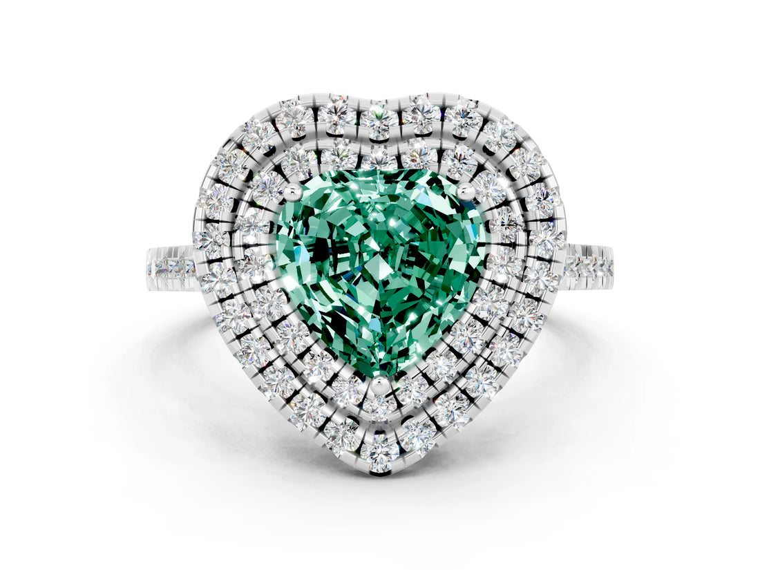 White gold Double Halo Heart Cut Green Sapphire Pavé Band with Four-Prong Setting